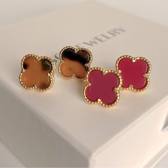 Rose Red Clover Stud Earrings Onyx Stone Luxury Jewelry - Picture 7 of 11